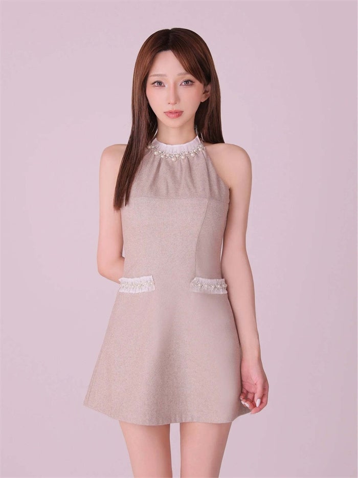 ROBE de FLEURS anier.ROBE ローブドフルール アニエルローブ Glitter flannel halter pearl mini dress fm-anier4057-c