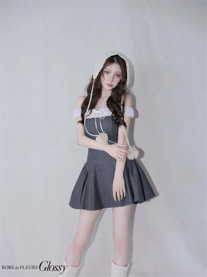 ROBE de FLEURS anier.ROBE ローブドフルール アニエルローブ Glitter flannel off-the-shoulder mini dress fm-anier4058-c