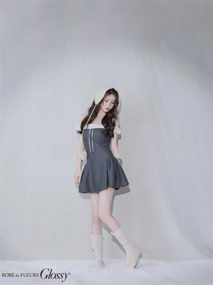 ROBE de FLEURS anier.ROBE ローブドフルール アニエルローブ Glitter flannel off-the-shoulder mini dress fm-anier4058-c