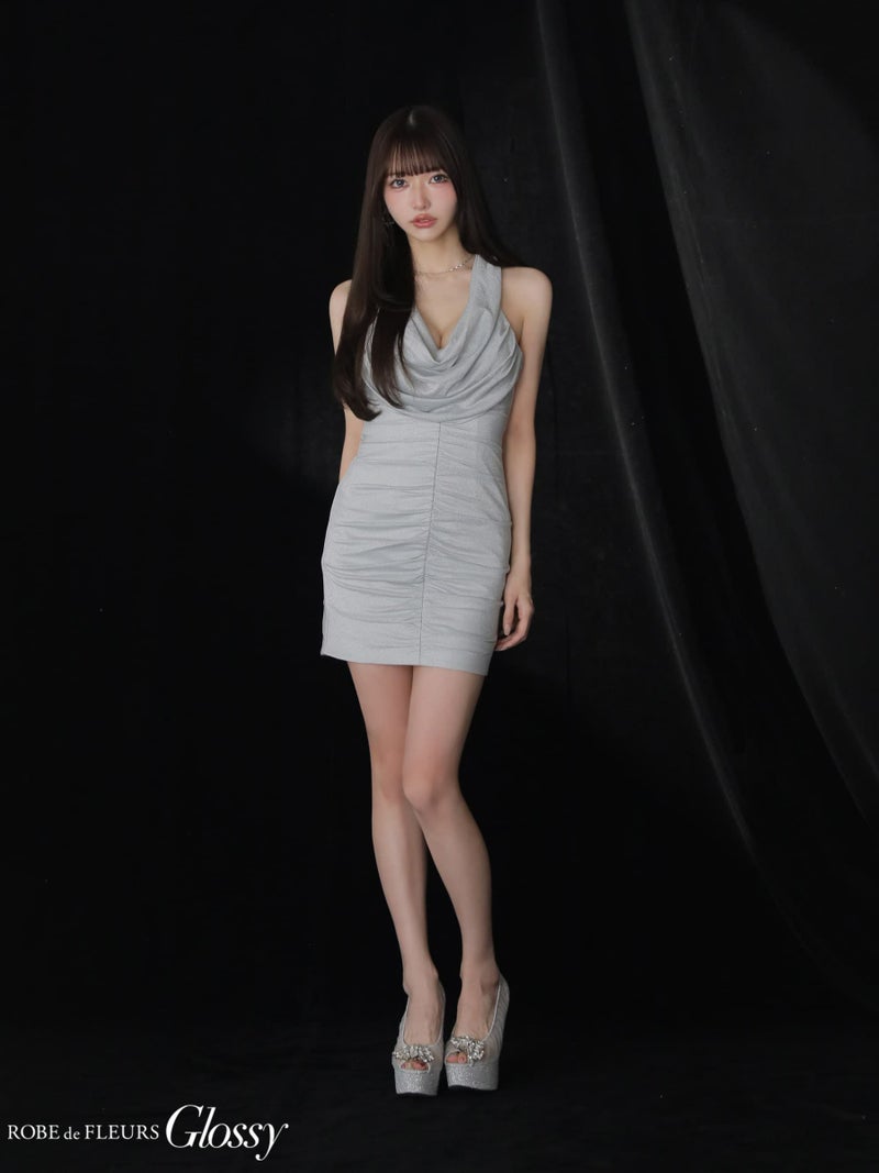 Glossy ローブドフルールグロッシー 【XSサイズあり】 ラメニットカウルネックシャーリングノースリーブタイトキャバドレス gl3967-c