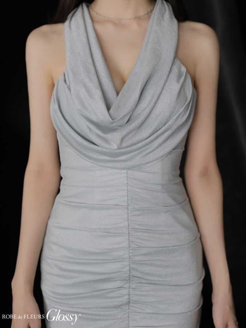 Glossy ローブドフルールグロッシー 【XSサイズあり】 ラメニットカウルネックシャーリングノースリーブタイトキャバドレス gl3967-c