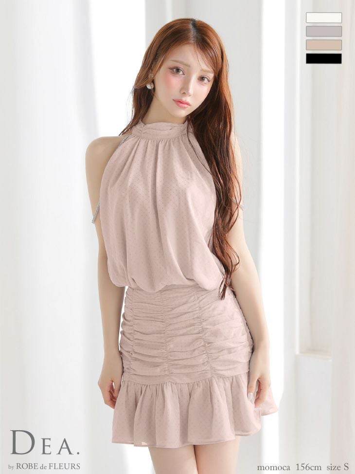 DEA. ディア バイ ローブドフルール ドットシフォンホルターネックフレアミニキャバドレス de3392