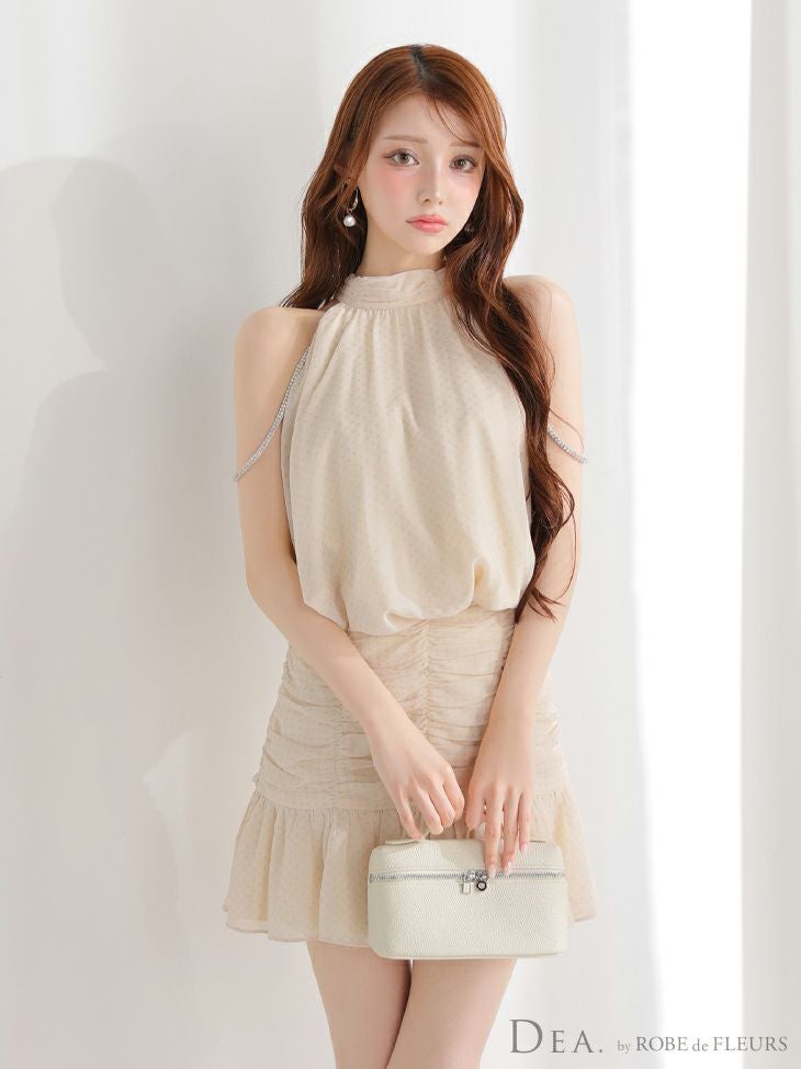 DEA. ディア バイ ローブドフルール ドットシフォンホルターネックフレアミニキャバドレス de3392