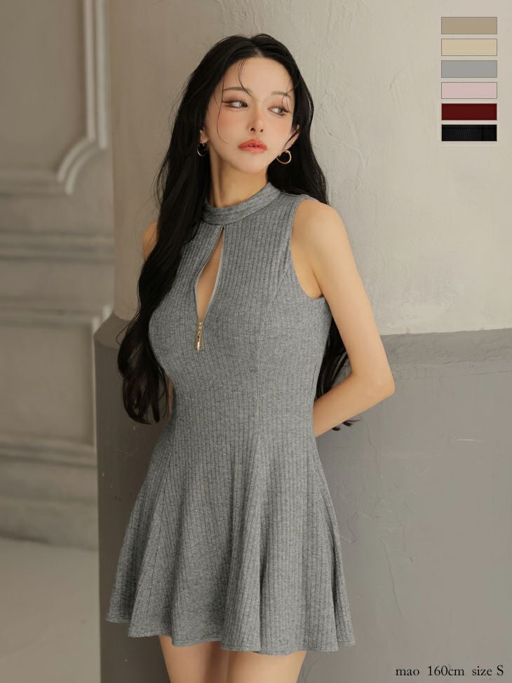 Glossy ローブドフルールグロッシー 【XSサイズあり】 ラメニットハイネックノースリーブフレアミニキャバドレス gl4622