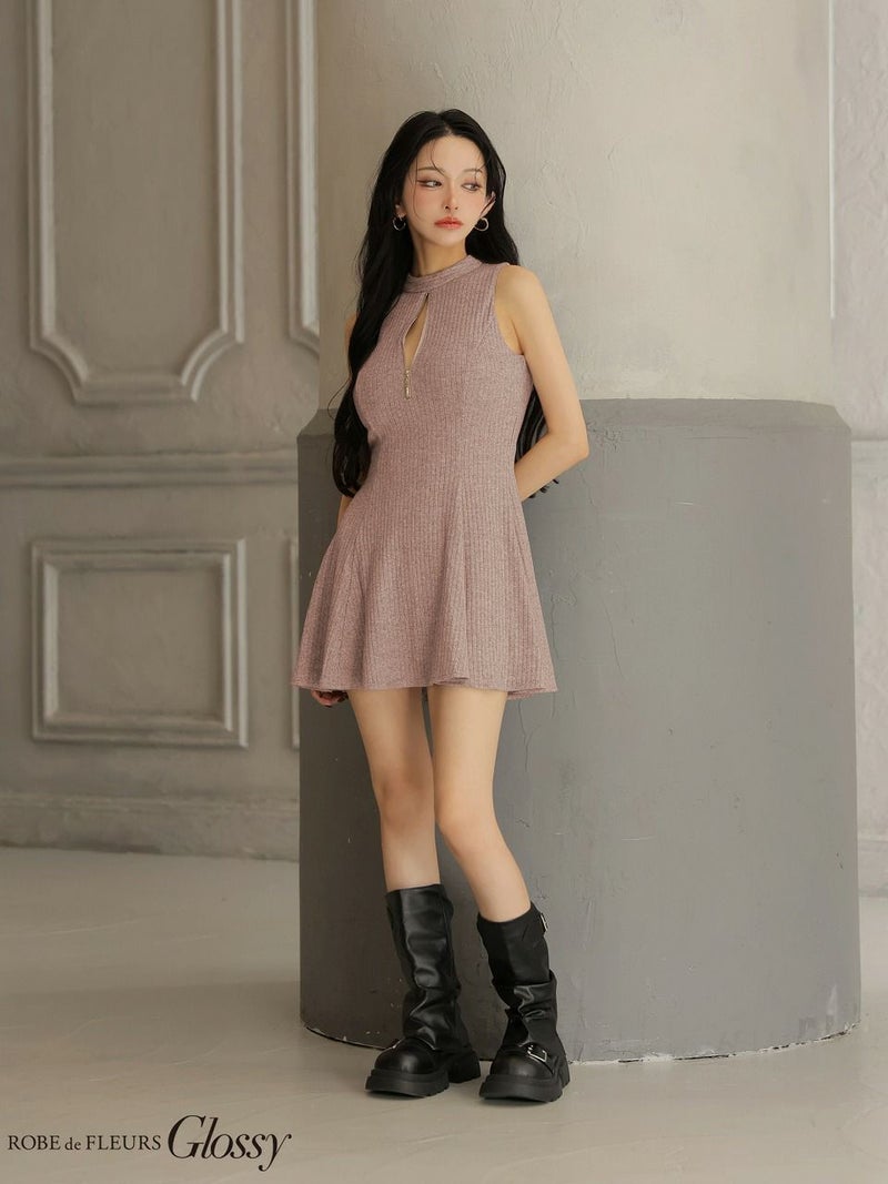 Glossy ローブドフルールグロッシー 【XSサイズあり】 ラメニットハイネックノースリーブフレアミニキャバドレス gl4622