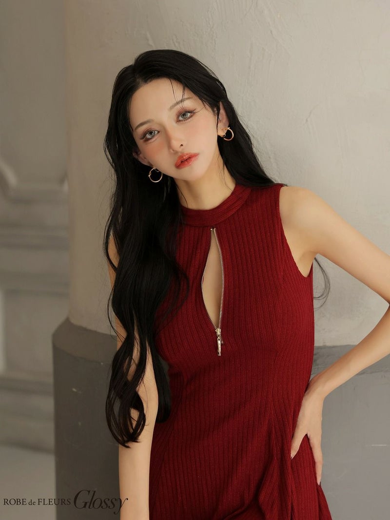 Glossy ローブドフルールグロッシー 【XSサイズあり】 ラメニットハイネックノースリーブフレアミニキャバドレス gl4622