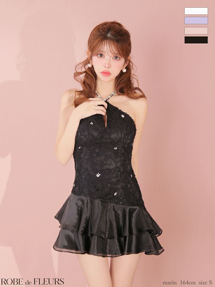 ROBE de FLEURS ローブドフルール 【XSサイズあり】 フラワーレースホルターネックティアードフレアミニキャバドレス fm4339