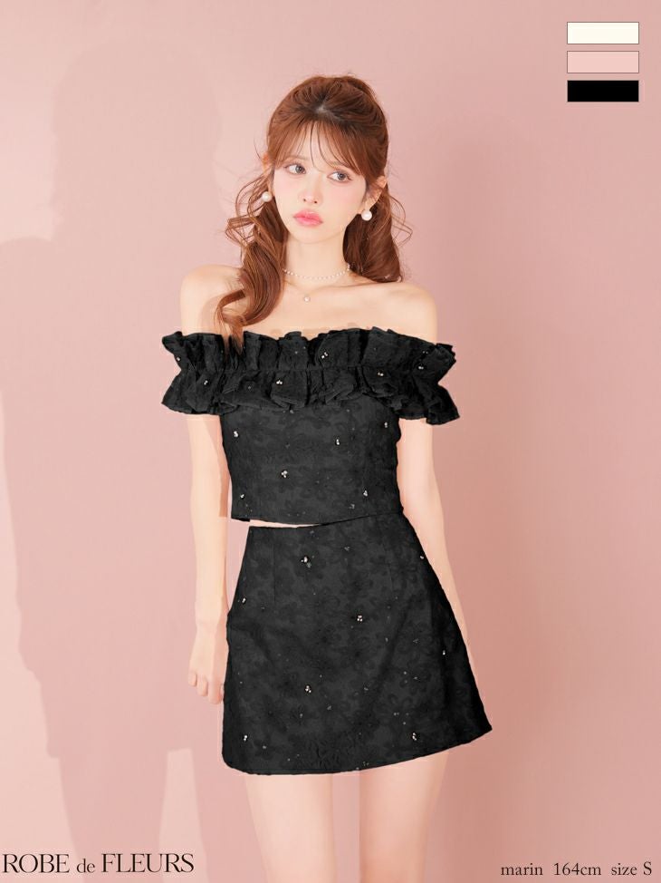 ROBE de FLEURS ローブドフルール 【XSサイズあり】 オフショルフラワーレースフリル袖セットアップミニキャバドレス fm4342