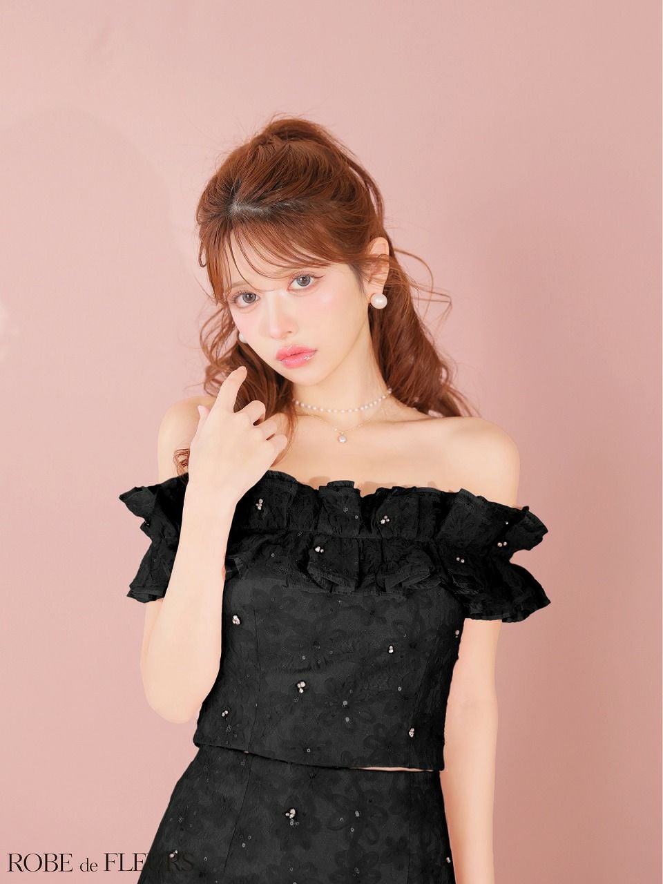 ROBE de FLEURS ローブドフルール 【XSサイズあり】 オフショルフラワーレースフリル袖セットアップミニキャバドレス fm4342