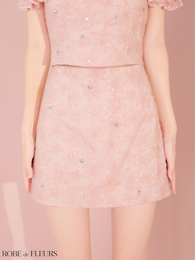 ROBE de FLEURS ローブドフルール 【XSサイズあり】 オフショルフラワーレースフリル袖セットアップミニキャバドレス fm4342