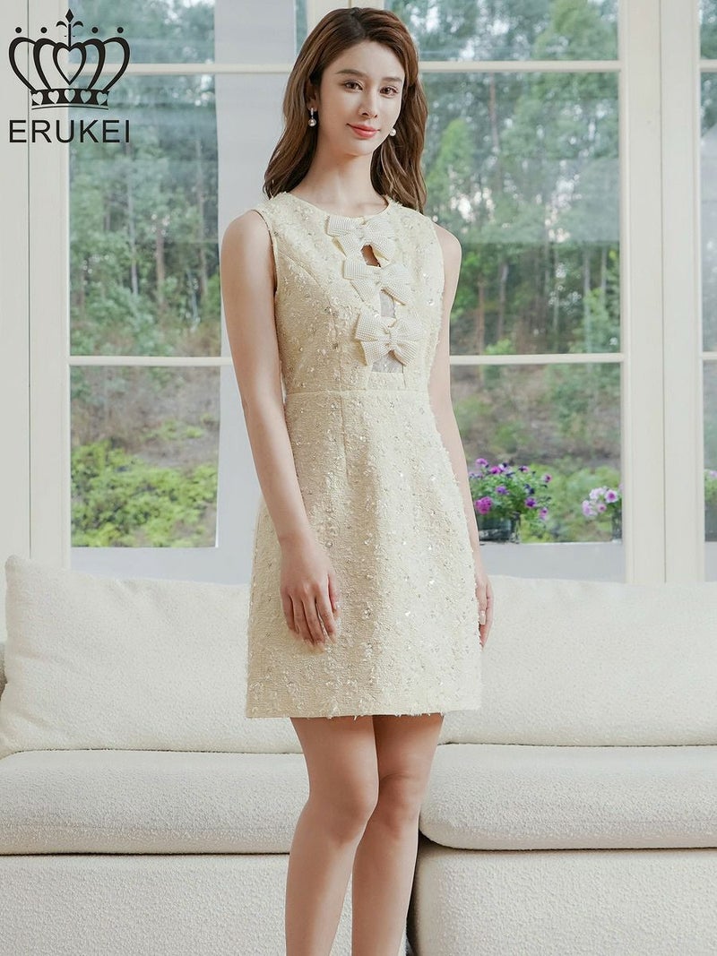 ERUKEI エルケイ アイボリー・パールリボン・シアーレース・ビーズ・スパンコール・ノースリーブ・Aライン・ミニドレス・ワンピース ek-e2852