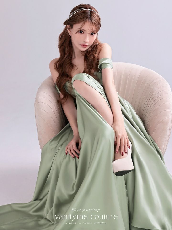 vanityME.couture. バニティミークチュール Silky Sage Couture シルキー・セージ・クチュール ロングドレス 緑 サテン シンプル vctr-l-7449-1