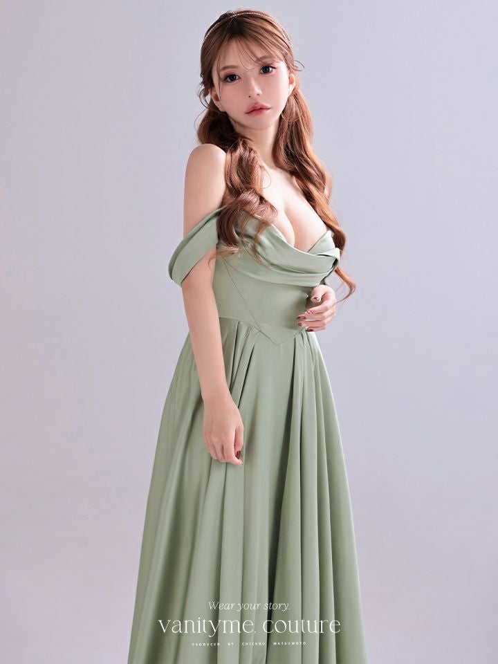 vanityME.couture. バニティミークチュール Silky Sage Couture シルキー・セージ・クチュール ロングドレス 緑 サテン シンプル vctr-l-7449-1