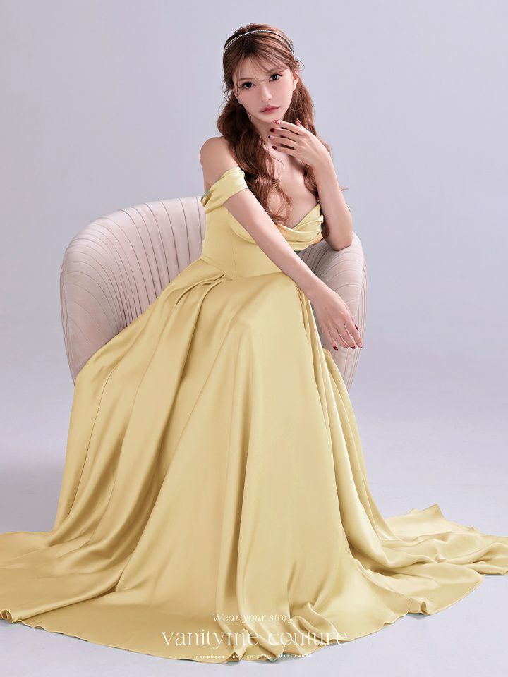 ジュネビビアン 高級 ロングドレス 演奏会 フロッキー クリームイエロー vanityME.couture. バニティーミークチュール Silky Yellow Couture