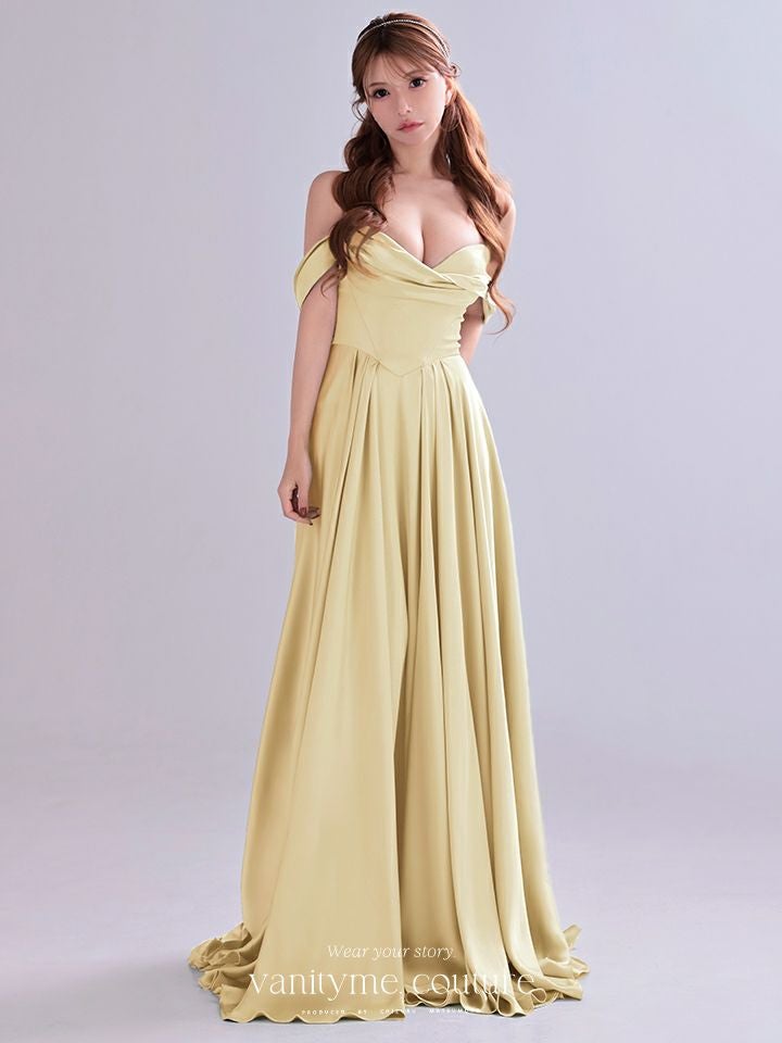 vanityME.couture. バニティミークチュール Silky Yellow Couture シルキー・イエロー・クチュール ロングドレス サテン 黄色 シンプル vctr-l-7449-2