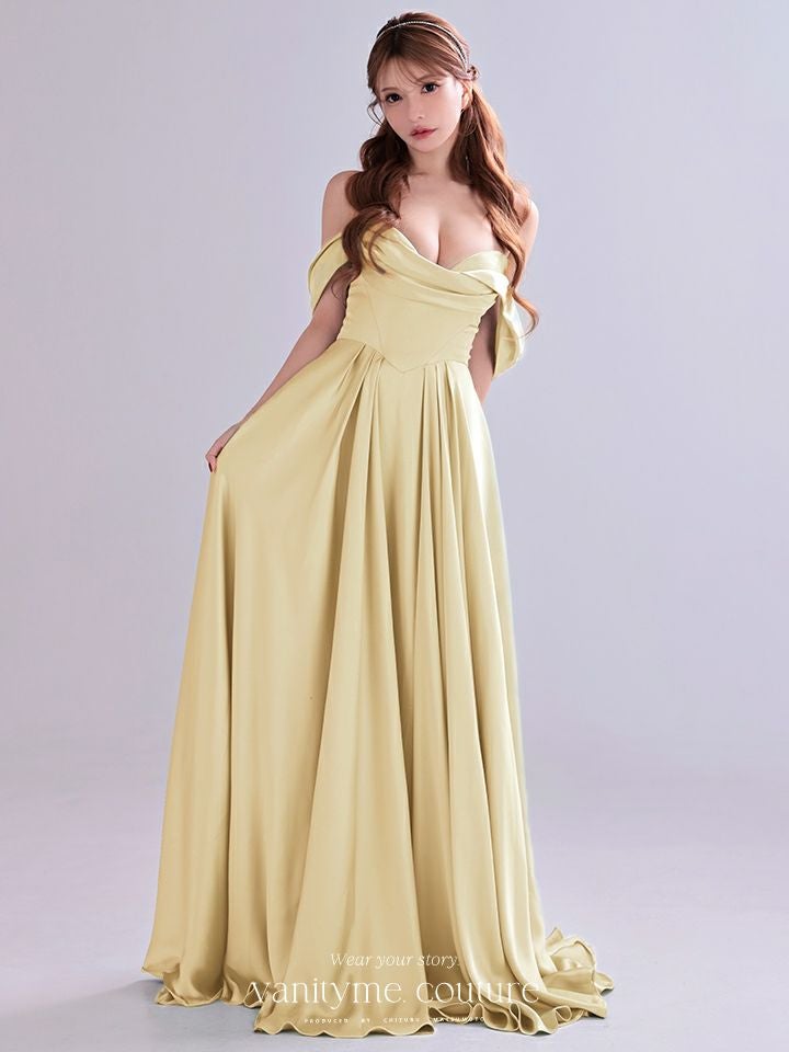 ジュネビビアン 高級 ロングドレス 演奏会 フロッキー クリームイエロー vanityME.couture. バニティーミークチュール Silky Yellow Couture