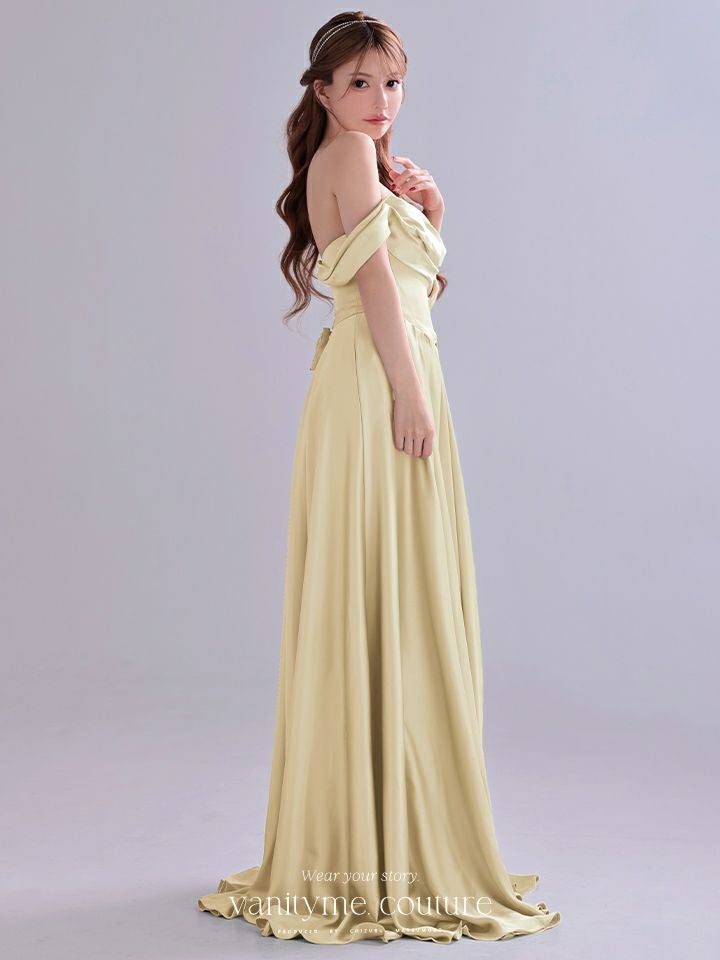 vanityME.couture. バニティミークチュール Silky Yellow Couture シルキー・イエロー・クチュール ロングドレス サテン 黄色 シンプル vctr-l-7449-2
