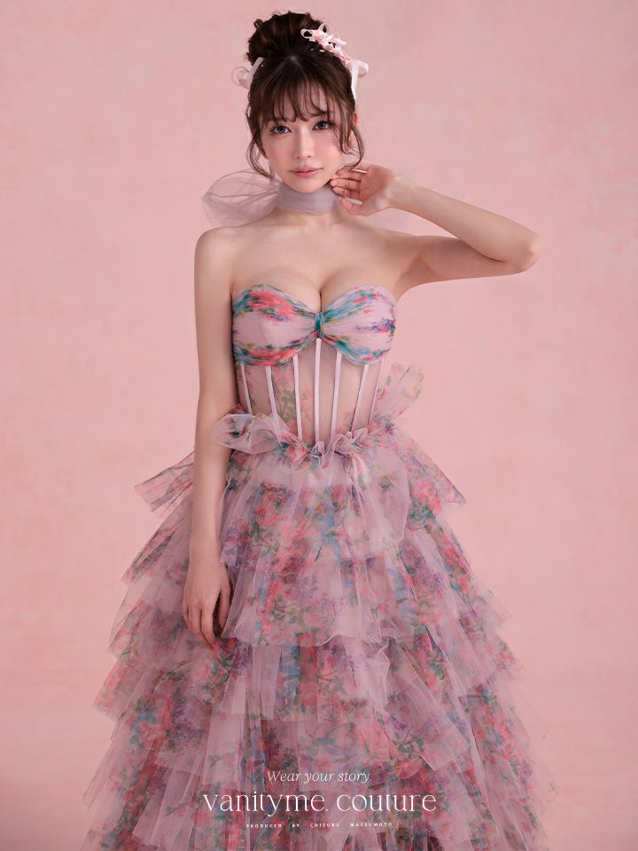 vanityME.couture. バニティミークチュール Jardin Fleur Couture ジャルダン・フルール・クチュール ロングドレス ピンク 花柄 プリント ティアード バースデー vctr-l-a1463