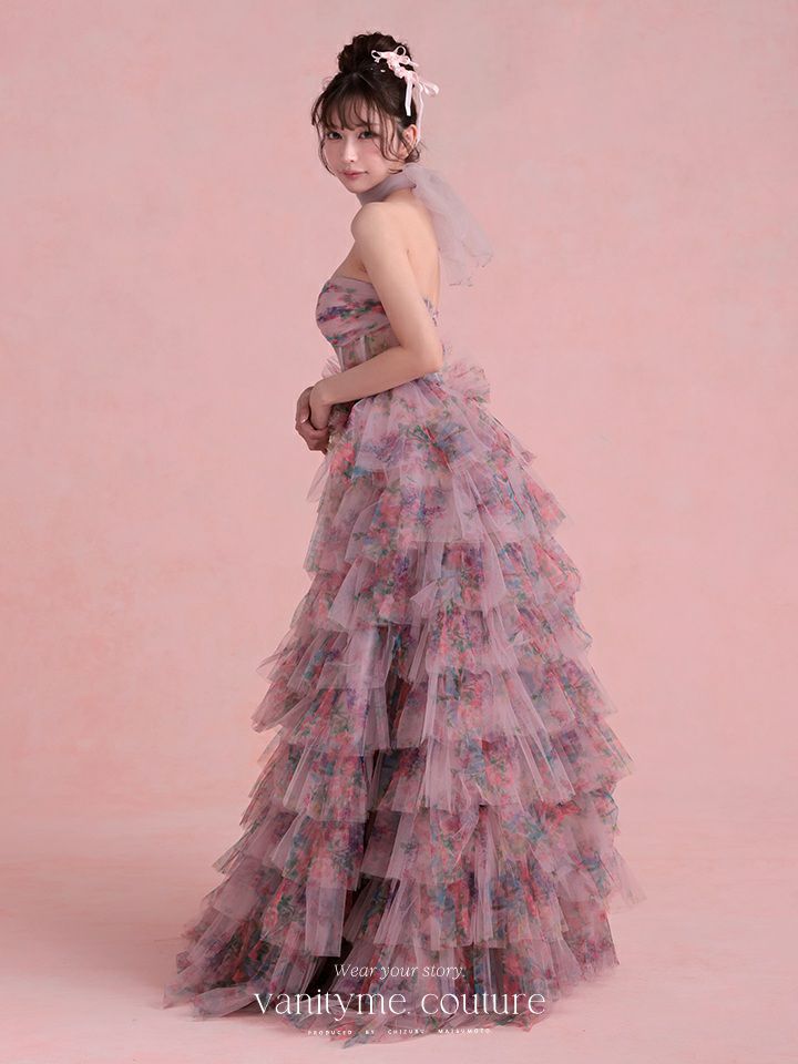 vanityME.couture. バニティミークチュール Jardin Fleur Couture ジャルダン・フルール・クチュール ロングドレス ピンク 花柄 プリント ティアード バースデー vctr-l-a1463