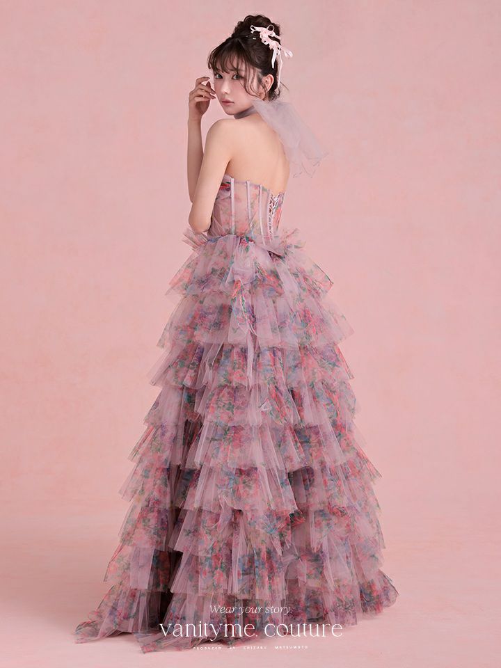 vanityME.couture. バニティミークチュール Jardin Fleur Couture ジャルダン・フルール・クチュール ロングドレス ピンク 花柄 プリント ティアード バースデー vctr-l-a1463