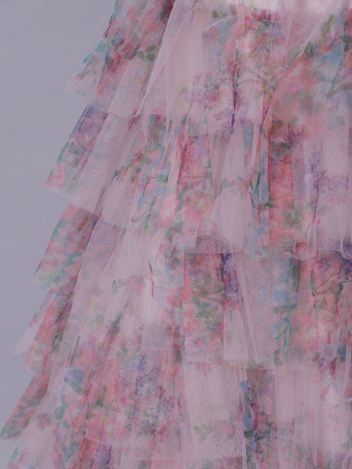 vanityME.couture. バニティミークチュール Jardin Fleur Couture ジャルダン・フルール・クチュール ロングドレス ピンク 花柄 プリント ティアード バースデー vctr-l-a1463