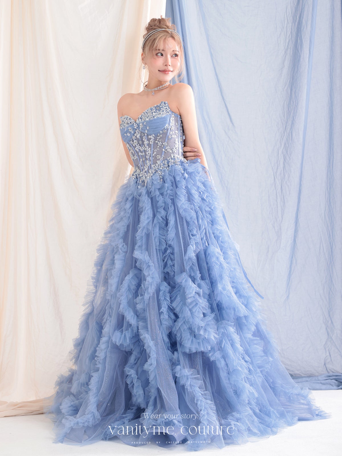 vanityME.couture. バニティミークチュール Rose Bijou Couture ローズ・ビジュー・クチュール ロングドレス ピンク ビジュー フリル バースデー vctr-l-a1483