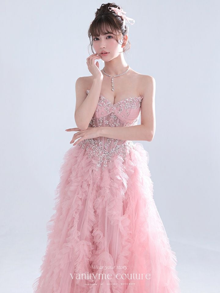 ビーズ装飾付き　ピンクロングドレス vanityME.couture. バニティーミークチュール Rose Bijou Couture