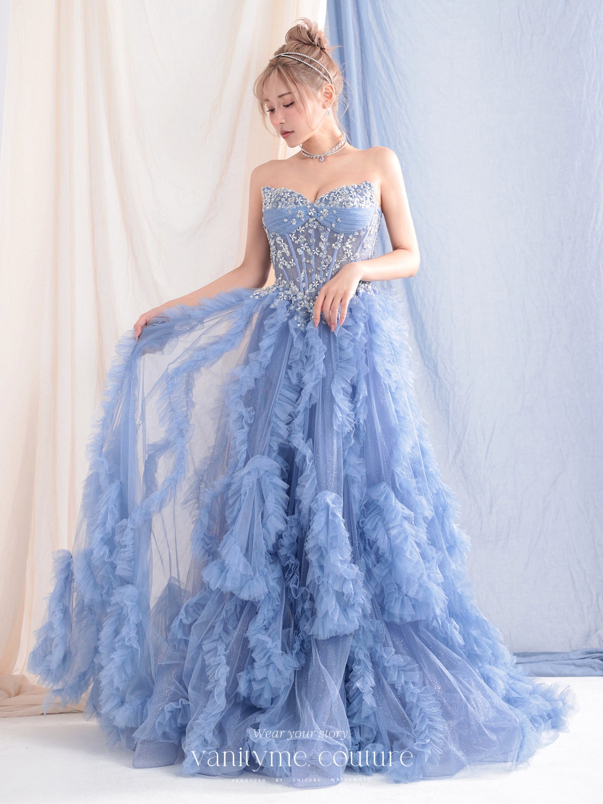 vanityME.couture. バニティミークチュール Rose Bijou Couture ローズ・ビジュー・クチュール ロングドレス ピンク ビジュー フリル バースデー vctr-l-a1483