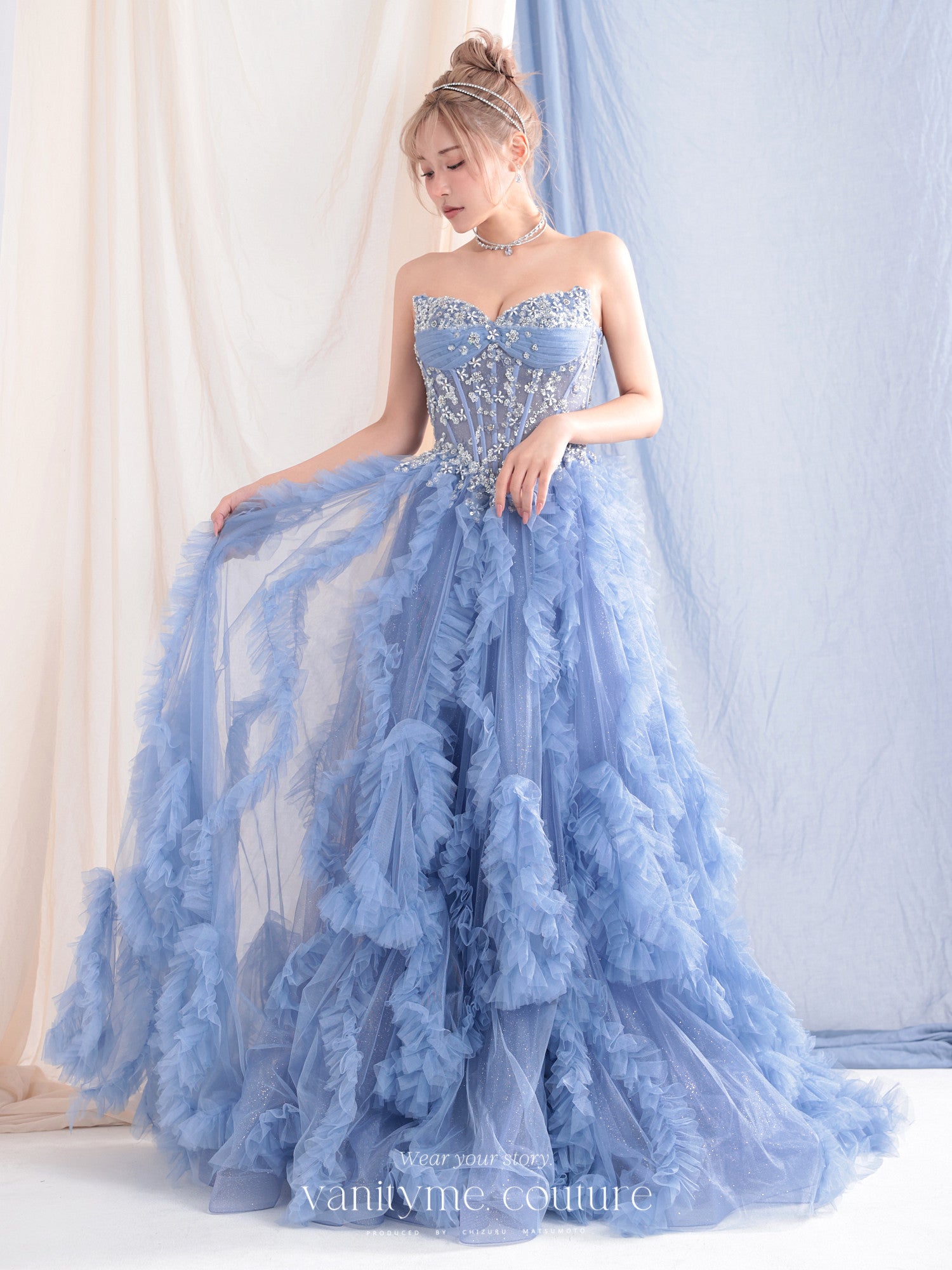 vanityME.couture. バニティミークチュール Rose Bijou Couture ローズ・ビジュー・クチュール ロングドレス ピンク ビジュー フリル バースデー vctr-l-a1483