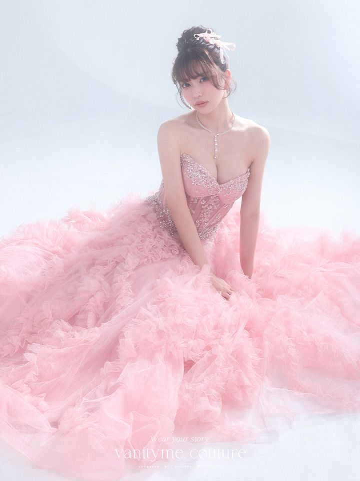 vanityME.couture. バニティミークチュール Rose Bijou Couture ローズ・ビジュー・クチュール ロングドレス ピンク ビジュー フリル バースデー vctr-l-a1483