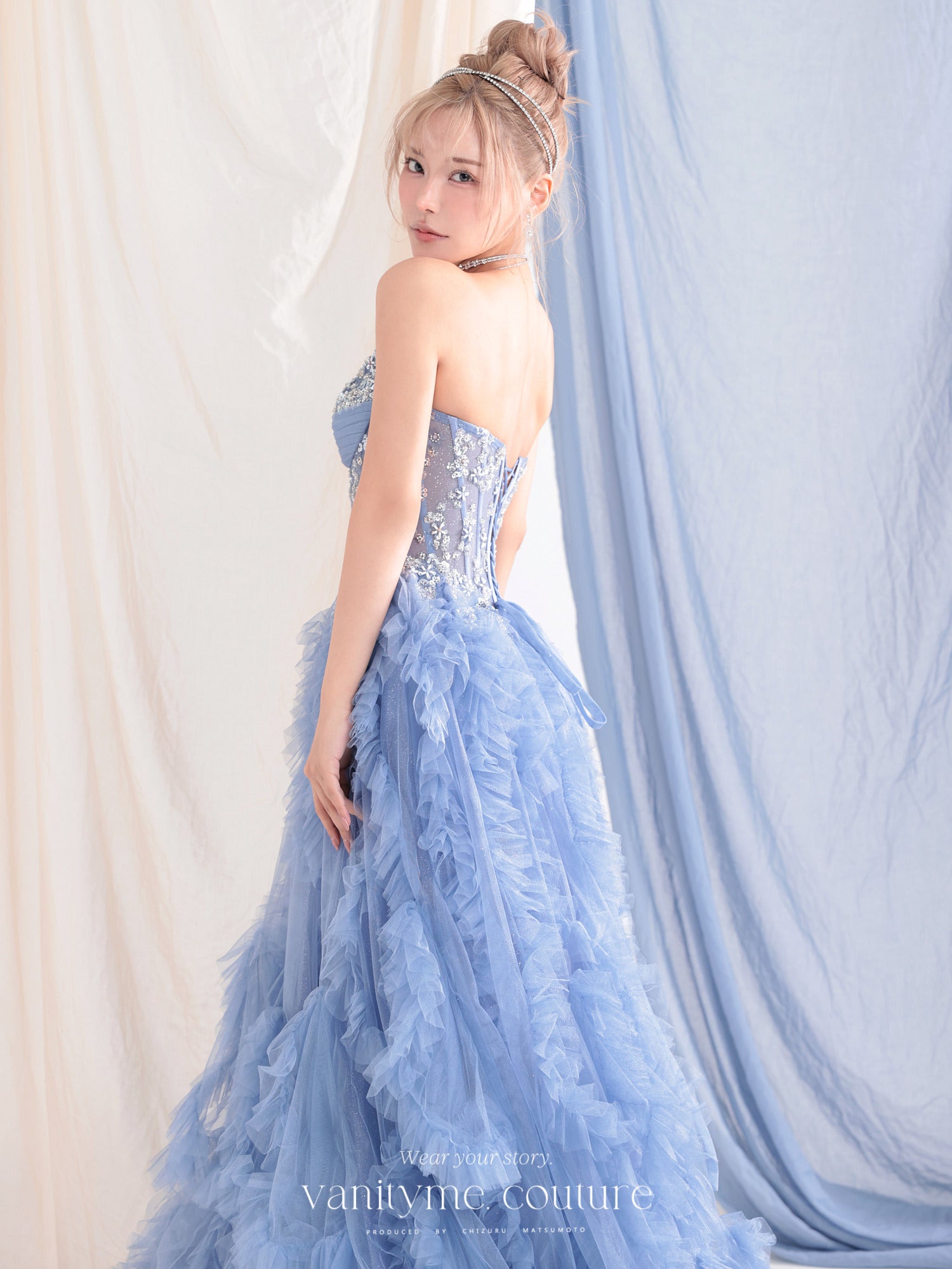 vanityME.couture. バニティミークチュール Rose Bijou Couture ローズ・ビジュー・クチュール ロングドレス ピンク ビジュー フリル バースデー vctr-l-a1483