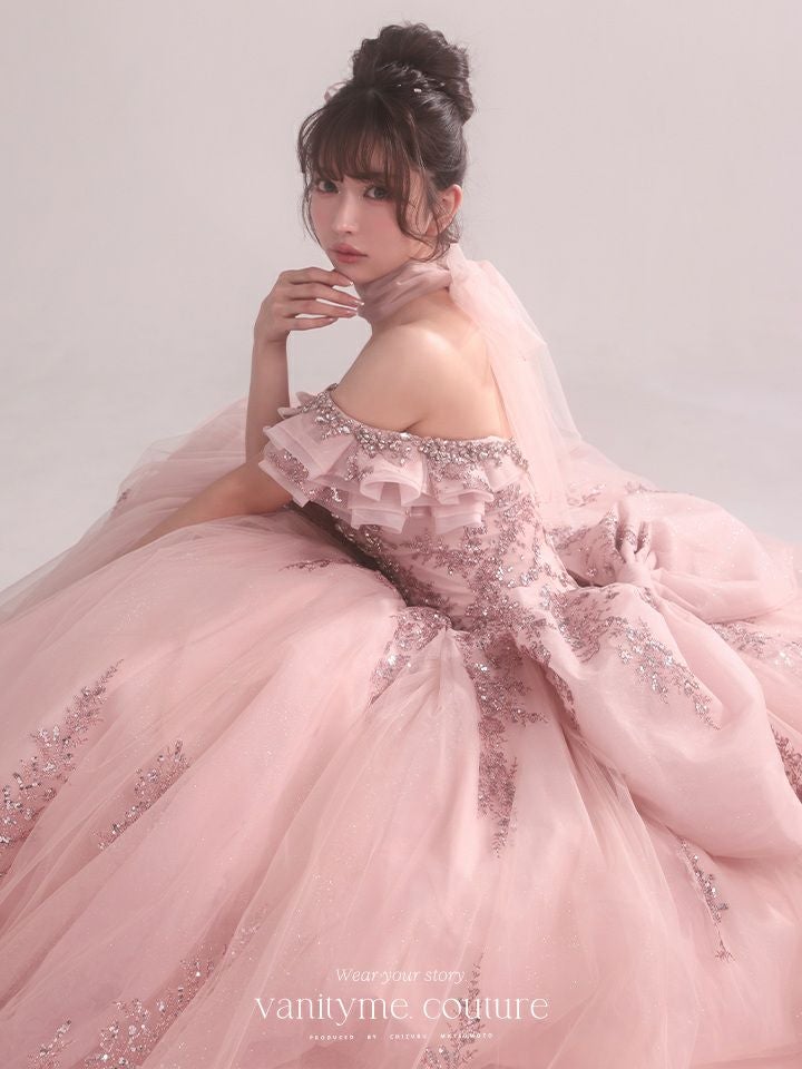 vanityME.couture. バニティミークチュール Dusty Rose Couture ダスティ・ローズ・クチュール ロングドレス ダスティピンク くすみピンク アンティーク グリッター バースデー vctr-l-5106