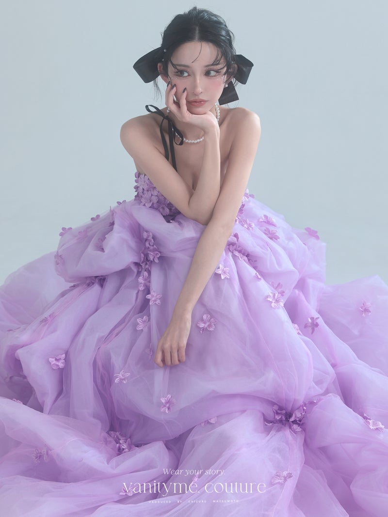 vanityME.couture. バニティミークチュール Lavande Fleur Couture ラヴァンド・フルール・クチュール ロングドレス ラベンダー 紫 花柄  フラワー バースデー vctr-t-25082-1