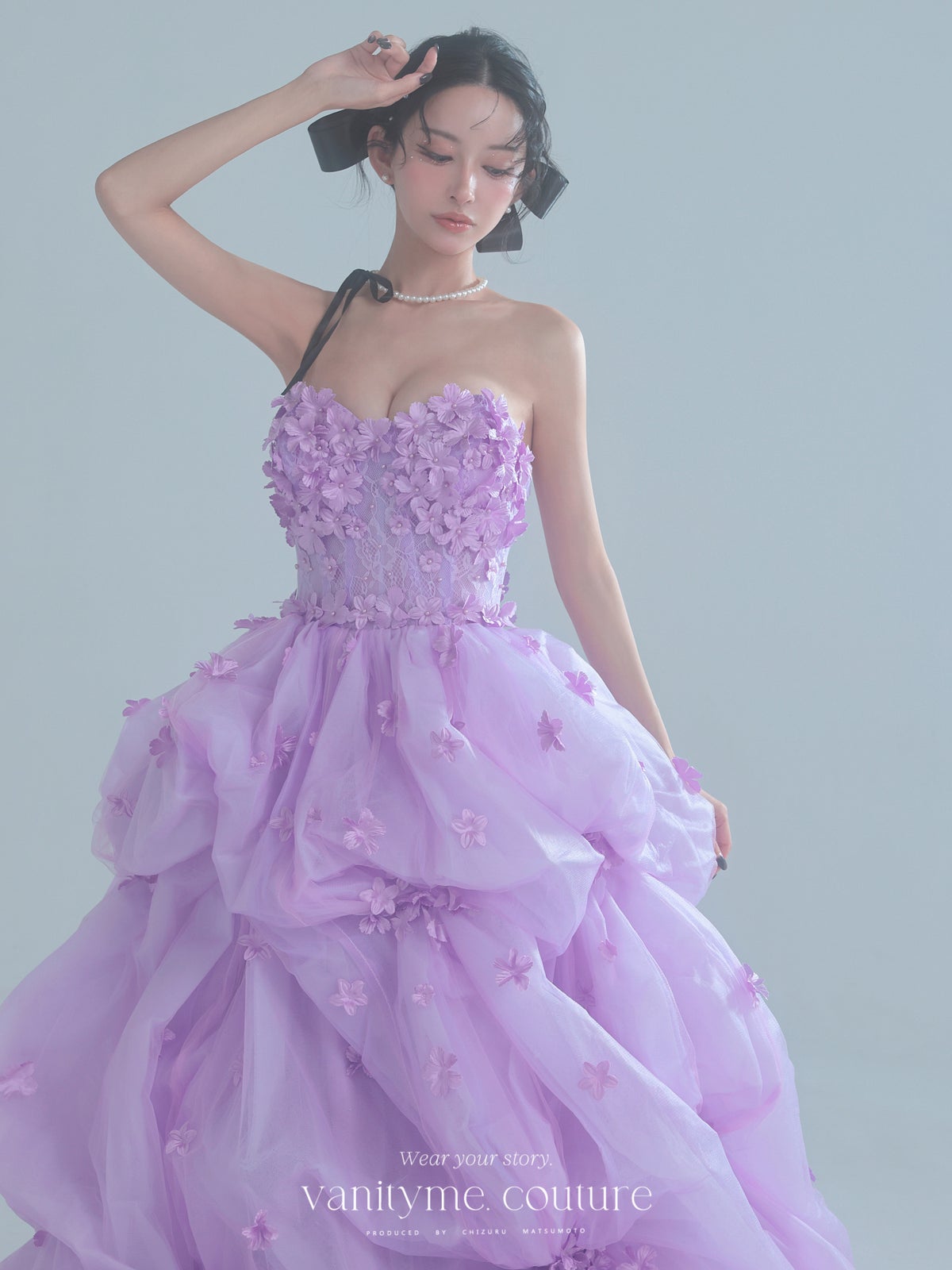 vanityME.couture. バニティミークチュール Lavande Fleur Couture ラヴァンド・フルール・クチュール ロングドレス ラベンダー 紫 花柄  フラワー バースデー vctr-t-25082-1