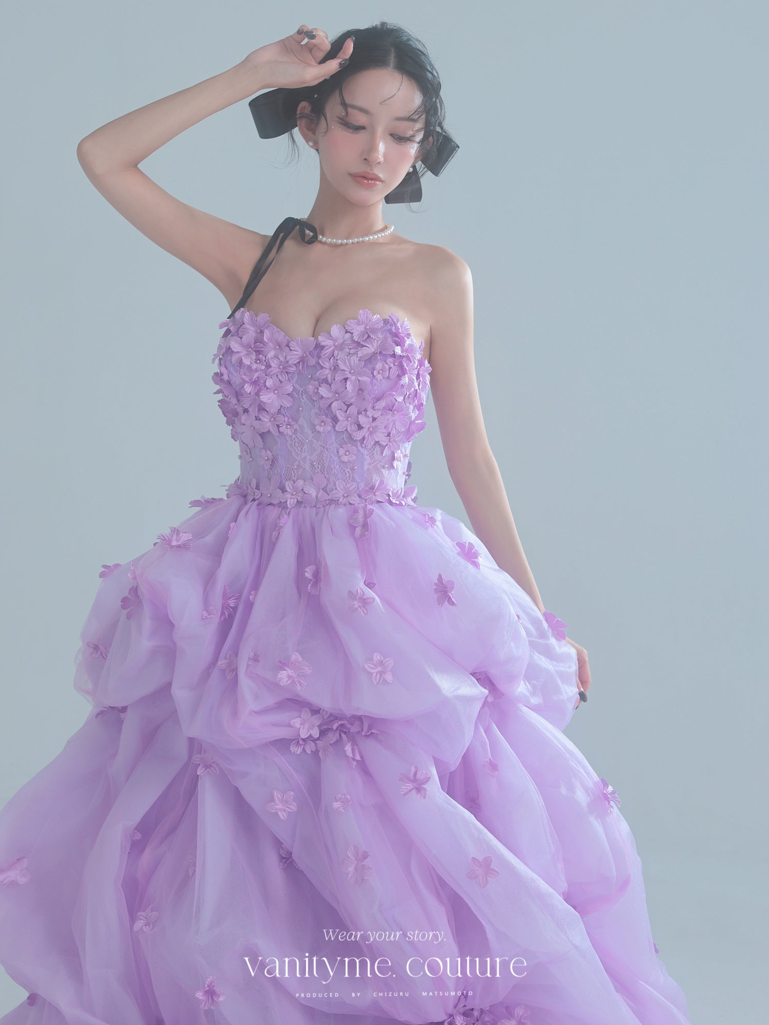 vanityME.couture. バニティミークチュール Lavande Fleur Couture ラヴァンド・フルール・クチュール ロングドレス ラベンダー 紫 花柄  フラワー バースデー vctr-t-25082-1