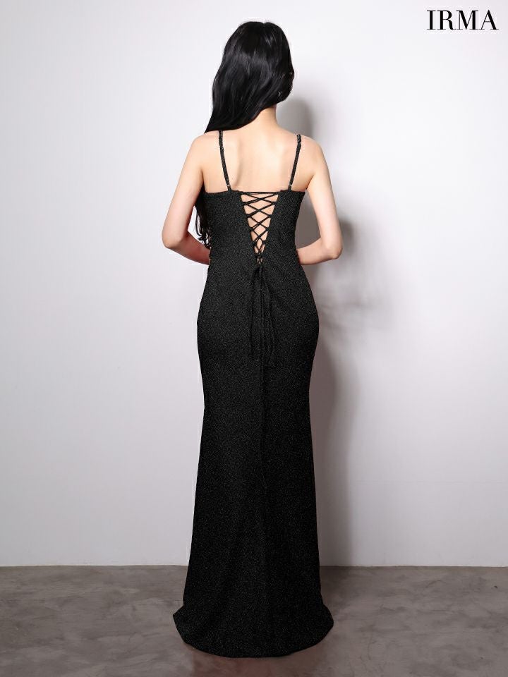 IRMA イルマ ウエストレース/アシンメトリー/スパンコールライン/スリット入り/タイト ロングドレス ir51996-c