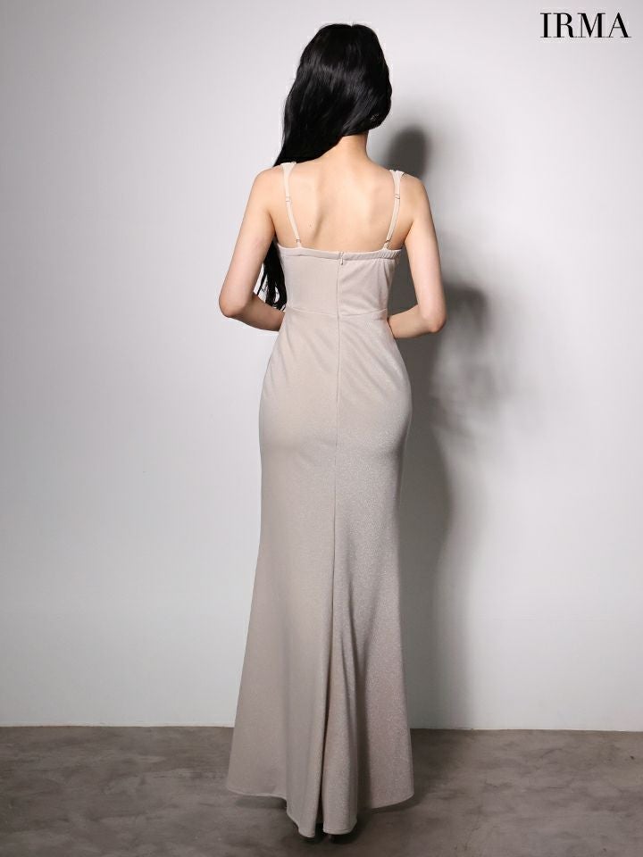 IRMA イルマ ワンカラー/ドッキングデザイン/カットアウト/ビジュー/スリット入り/タイト ロングドレス ir51998-c