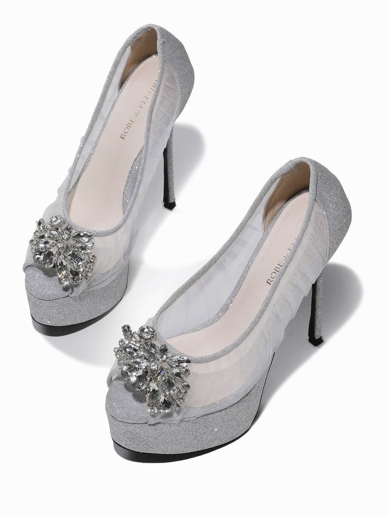 ROBE de FLEURS ローブドフルール ラインストーンビジュークリアメッシュパンプス【ヒール14cm】 sh106