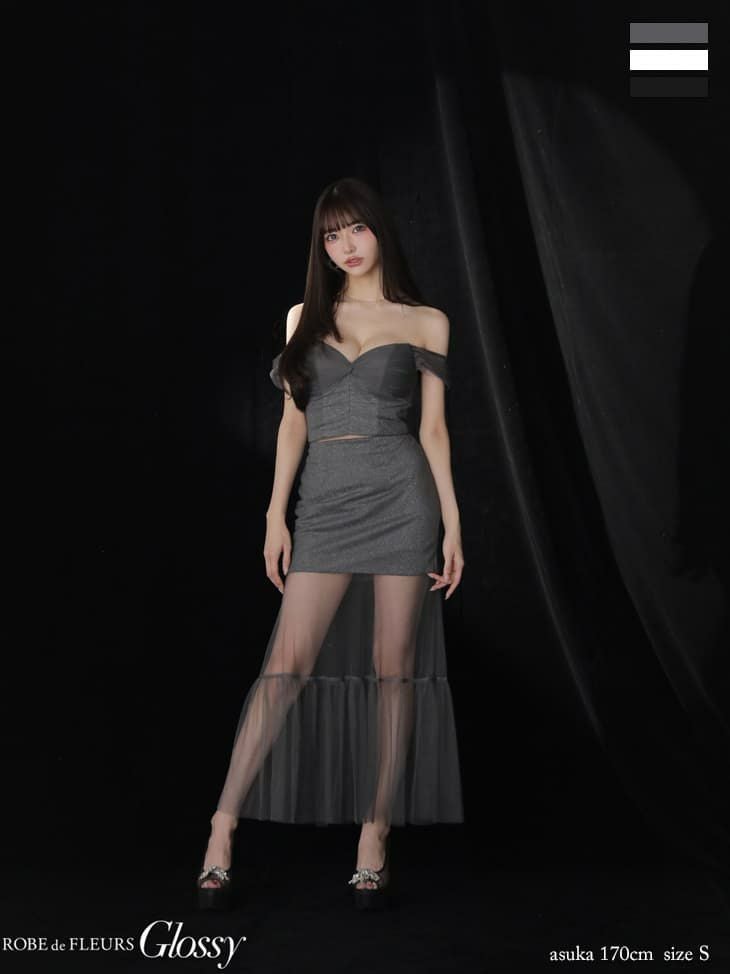 Glossy ローブドフルールグロッシー ラメニットオフショルセットアップ