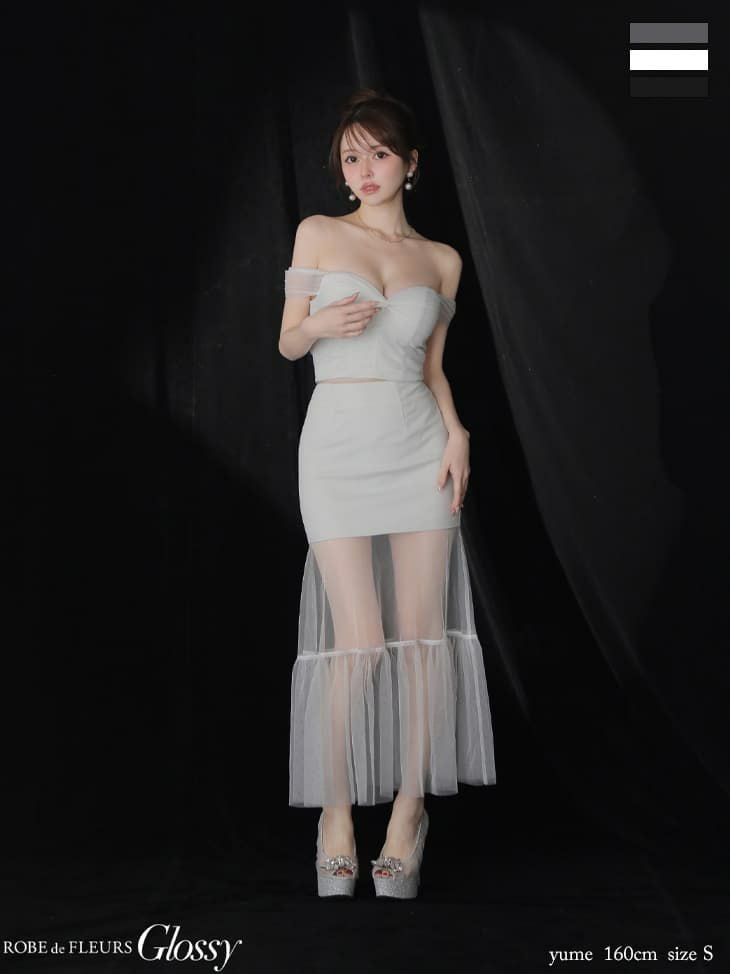 Glossy ローブドフルールグロッシー ラメニットオフショルセットアップ