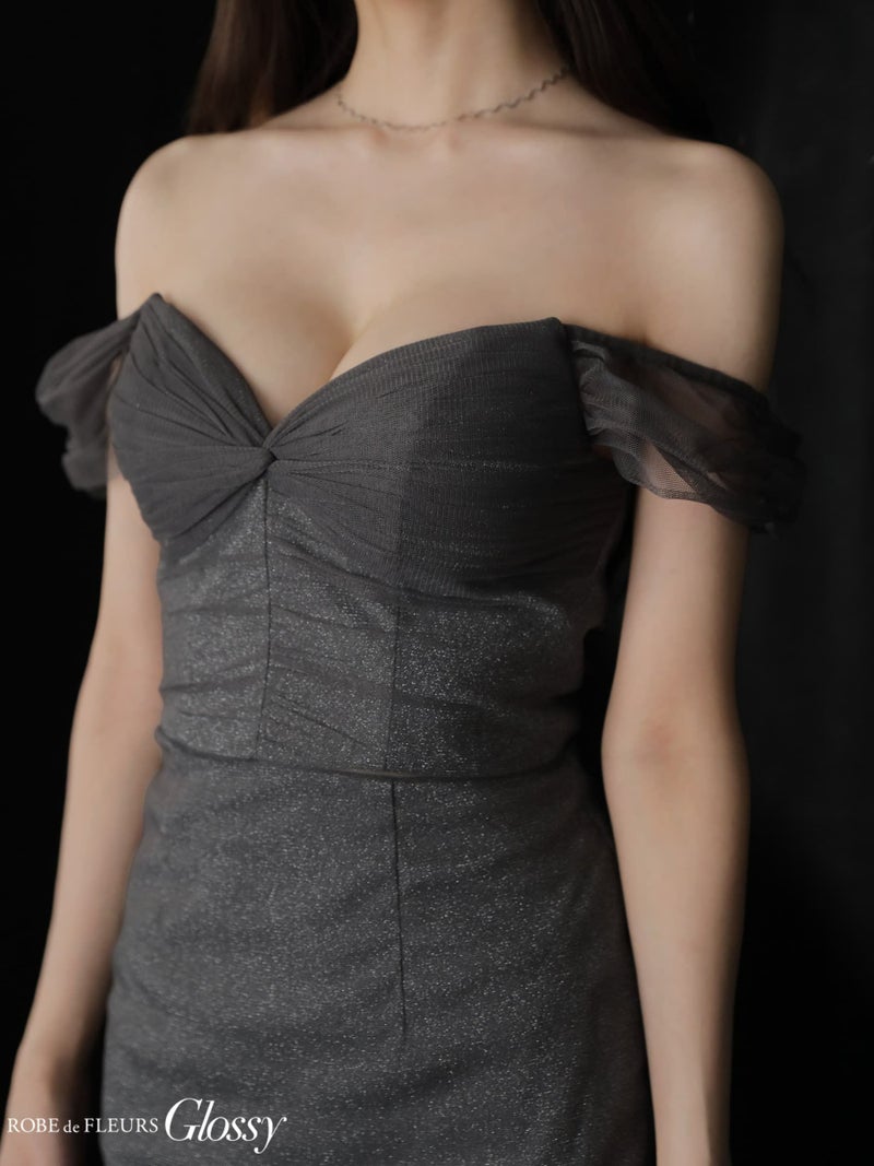 Glossy ローブドフルールグロッシー ラメニットオフショルセットアップロングキャバドレス gl3968-c