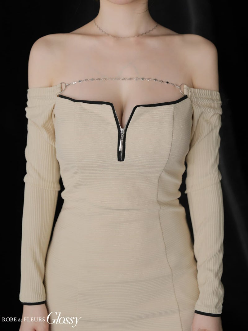 Glossy ローブドフルールグロッシー 【XS～Lサイズあり】パイピングオフショルロングスリーブミニキャバドレス gl4166-c