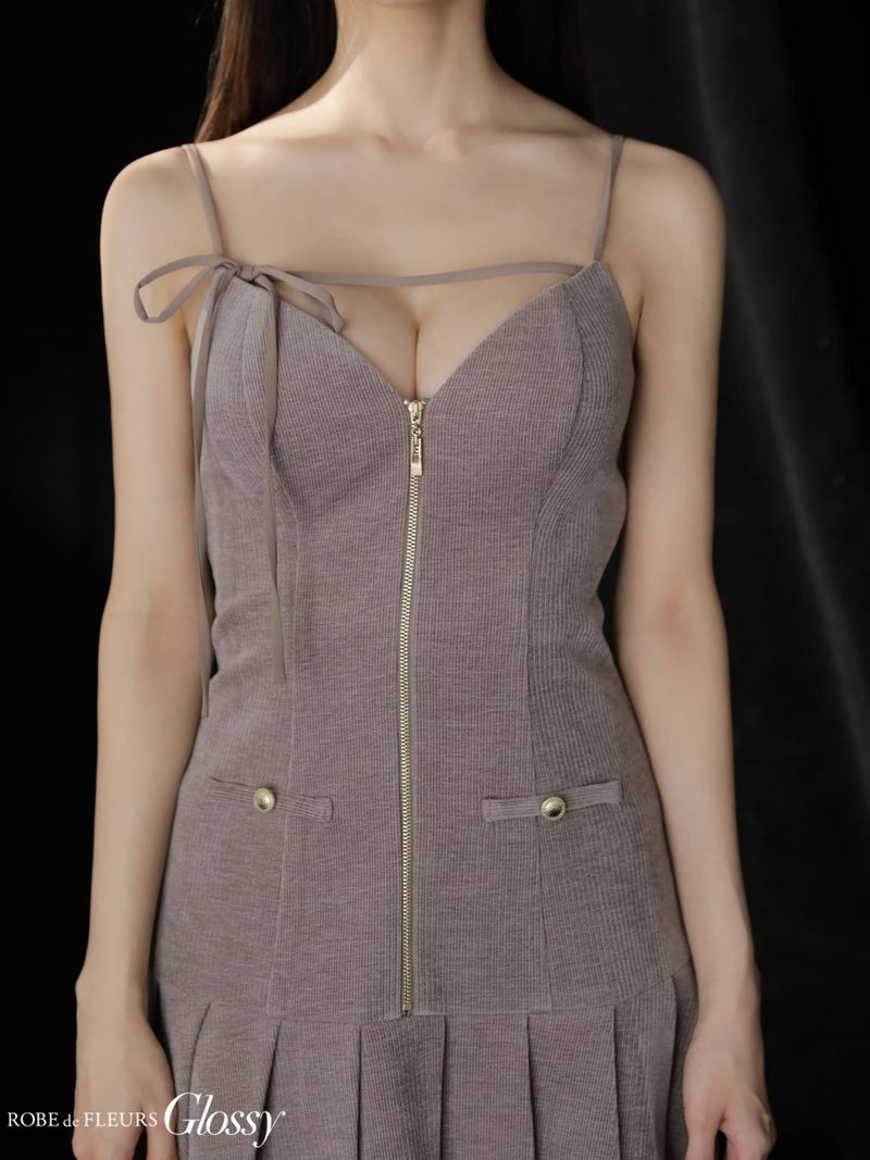 Glossy ローブドフルールグロッシー 【XSサイズあり】バストリボンラメツイードキャミフレアミニキャバドレス gl4316-c