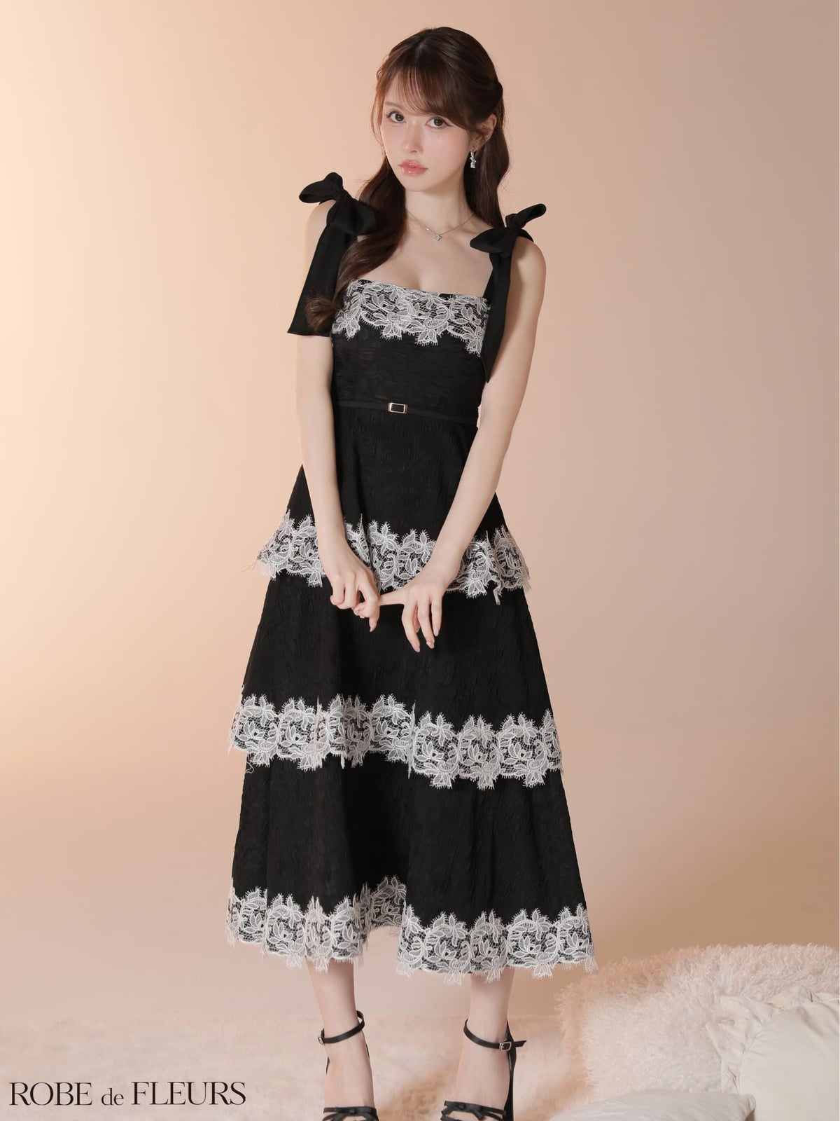 ROBE de FLEURS ローブドフルール 【Lサイズあり】 ジャガードレースティアードロングキャバドレス fm3487-c