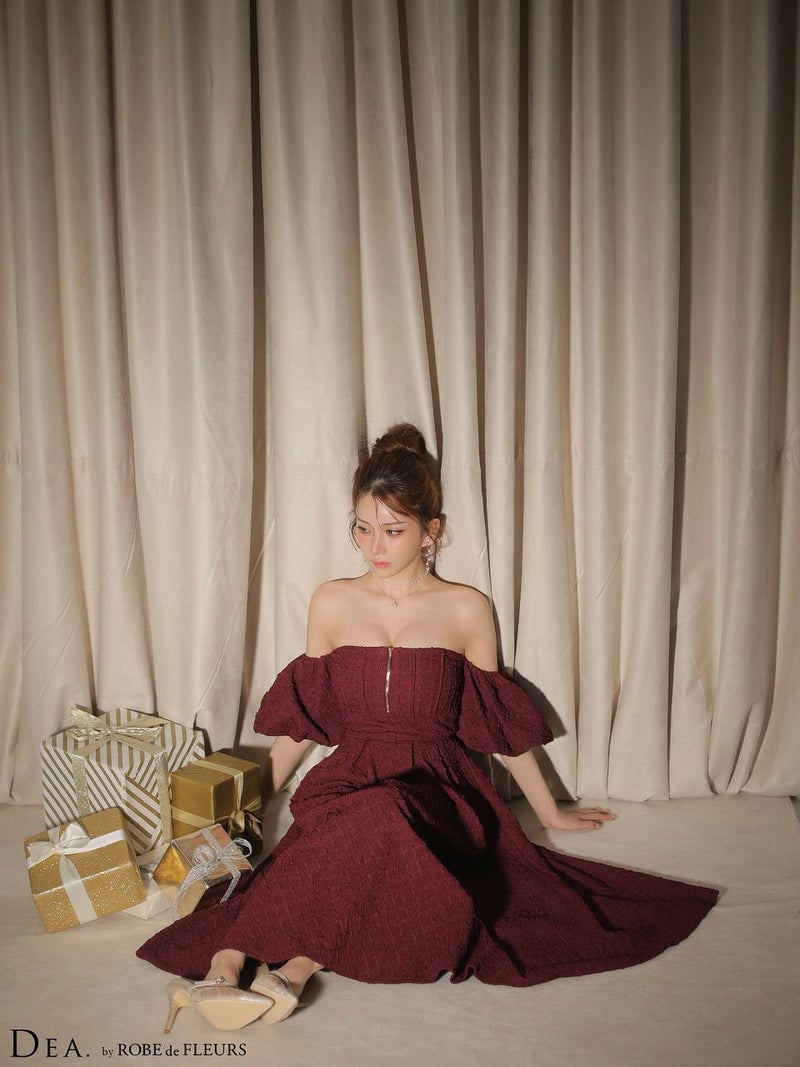 DEA. ディア バイ ローブドフルール 【Lサイズあり】 ラメジャガードオフショルバルーンスリーブロングキャバドレス de4334