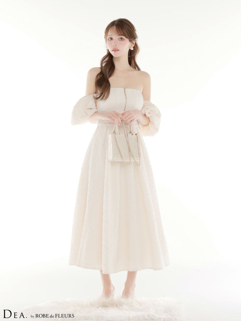 DEA. ディア バイ ローブドフルール 【Lサイズあり】 ラメジャガードオフショルバルーンスリーブロングキャバドレス de4334