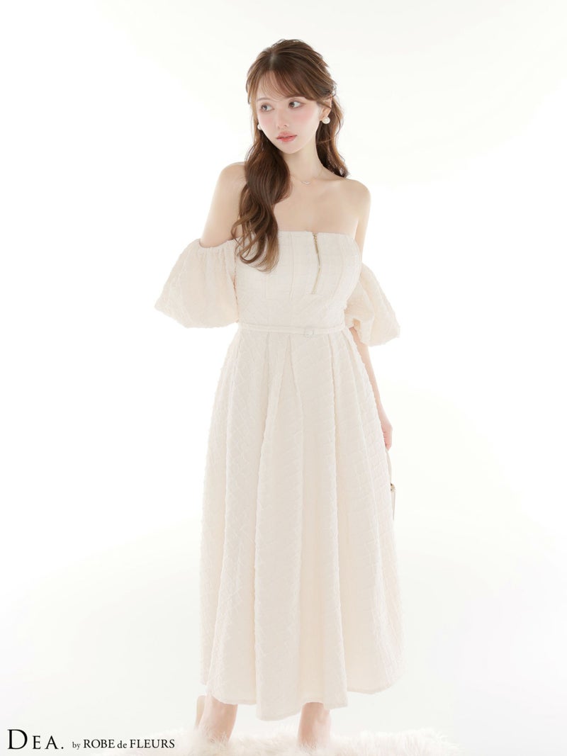 DEA. ディア バイ ローブドフルール 【Lサイズあり】 ラメジャガードオフショルバルーンスリーブロングキャバドレス de4334