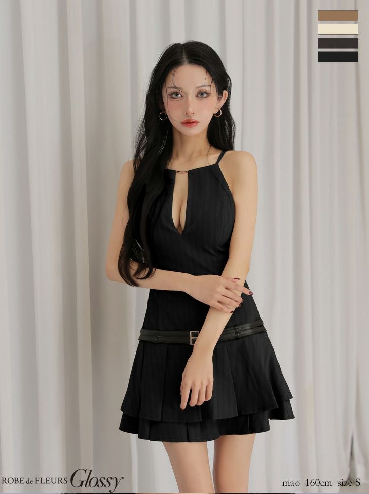 Glossy ローブドフルールグロッシー 【XSサイズあり】 ヘリンボーンレザーベルトフレアミニキャバドレス gl4158