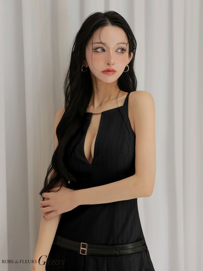 Glossy ローブドフルールグロッシー 【XSサイズあり】 ヘリンボーンレザーベルトフレアミニキャバドレス gl4158