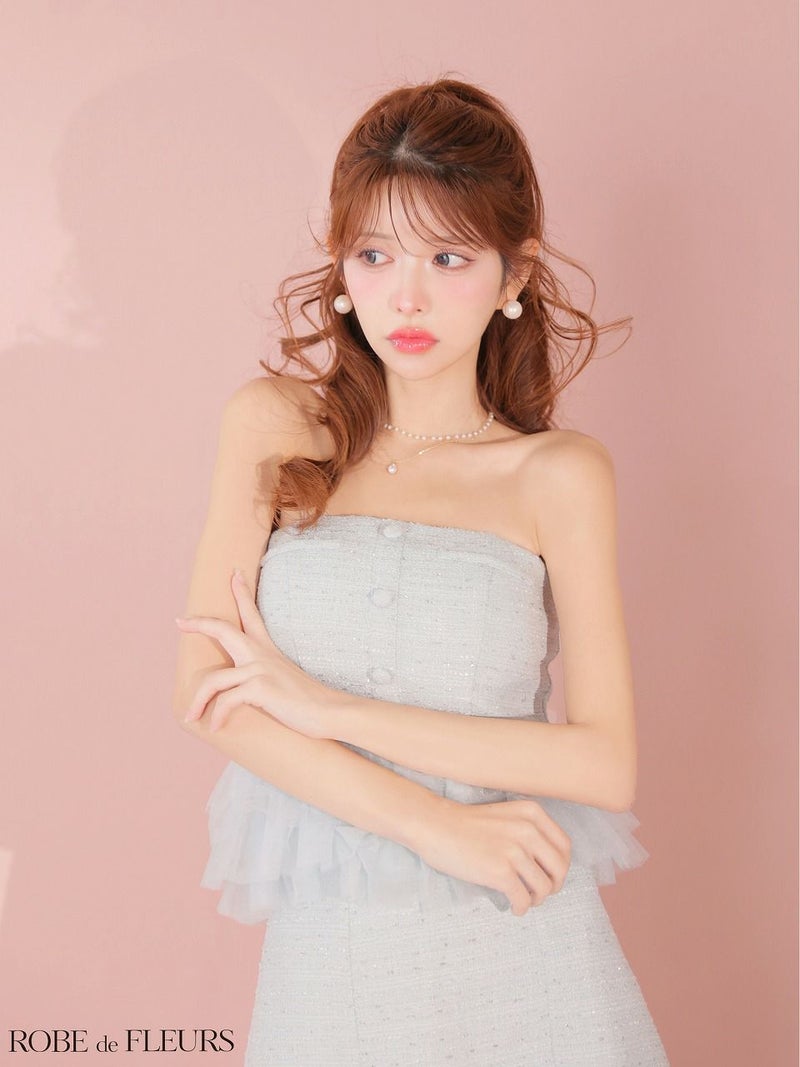 ROBE de FLEURS ローブドフルール 【XSサイズあり】 ベアラメツイードチュールフリルセットアップミニキャバドレス fm4336